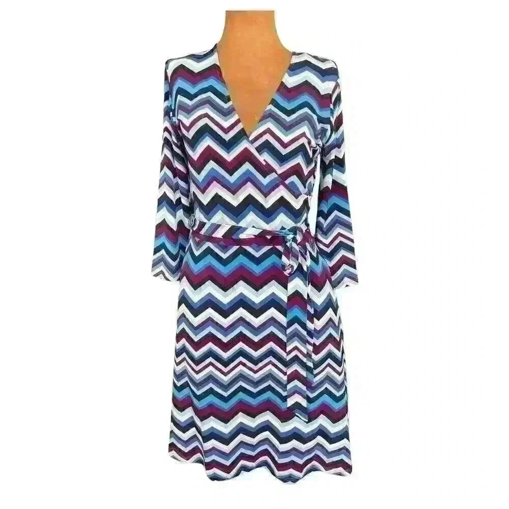 Leota Sz S Petite Perfect Wrap Dress Knit Navy Print 3/4 Slv Work Comfy Casual - Picture 2 of 16